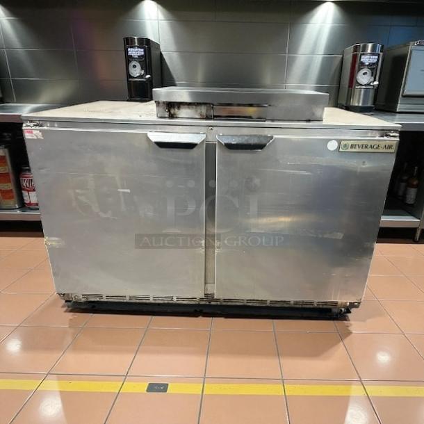Beverage Air UCR48AHC 48" undercounter refrigerator in great condition, stainless steel, dual doors, model label visible.