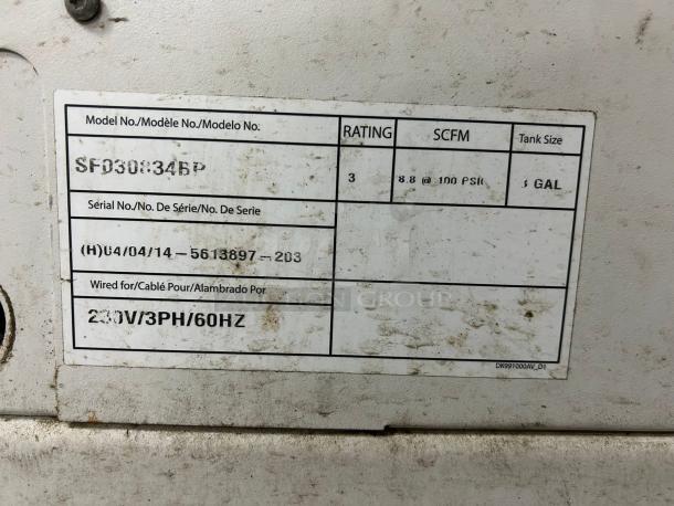 Model SF030345P label showing 3HP rating, 8.8 SCFM at 100 PSI, 5-gallon tank, 230V/3PH/60Hz wiring specifications.