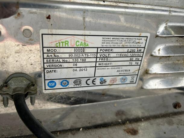 Citrocasa 8000 SB-ATS citrus juicer label, shows model, power, voltage, and date. Condition: Excellent. Manufactured in China.