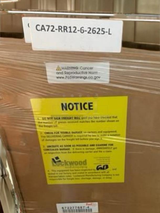 Brand new Lockwood CA72-RR12-6-2625-L aluminum sheet pan rack, 12-pan capacity, NSF certified, with warning and notice labels.