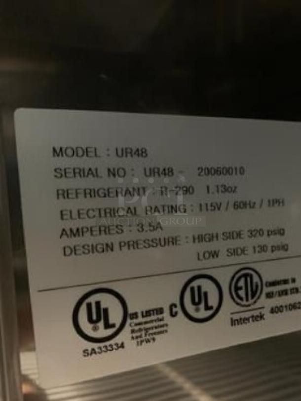 Label on Blue Air UR48 undercounter refrigerator. Details: Model UR48, 115V, dual solid doors, R-290 refrigerant, UL listed.
