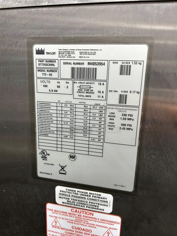 Taylor 772-63 soft serve freezer label, showing part and model numbers, voltage (460v), phase (3), and serial number M4053954.
