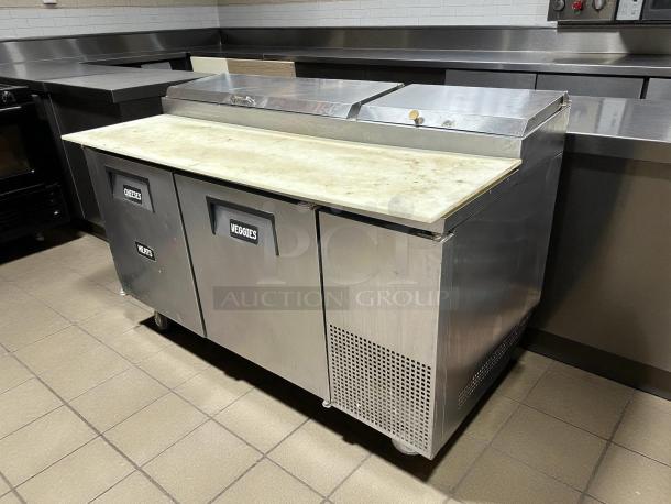 True TPP-AT-67-HC 67" refrigerated pizza prep table, two doors, stainless steel, tested and working, labels for cheeses, veggies.