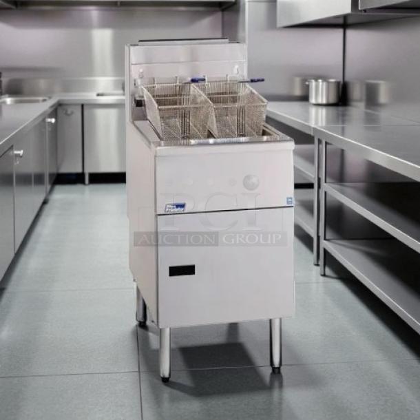 Pitco SG18-S natural gas fryer, 70-90 lb. capacity, excellent condition, stainless steel, dual baskets, tested and working.