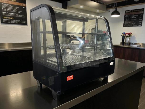 Vevor refrigerated display case, model XCW-100L, 3.5 cu. ft., black, 2-tier countertop, tested, commercial use, excellent condition.