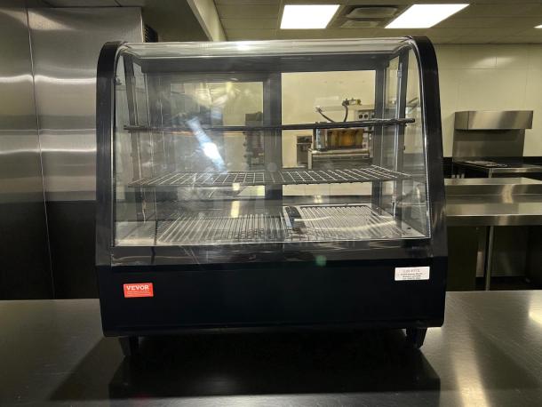 Vevor refrigerated display case, model XCW-100L, 3.5 cu. ft., 2-tier, tested and working, clear front, Vevor label visible.