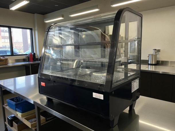 VEVOR refrigerated display case, model XCW-100L, 3.5 cu. ft., 2-tier, black with clear glass, tested, excellent condition.