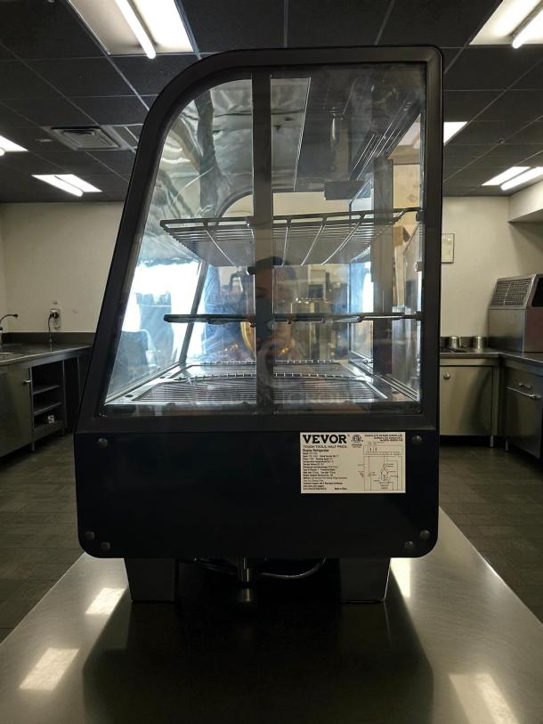 Vevor XCW-100L refrigerated display case, 3.5 cu. ft., 2-tier, tested and working, visible label with specs.