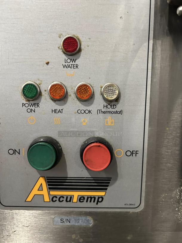 AccuTemp S62403D110 control panel with status lights and on/off buttons; logo and serial number visible.