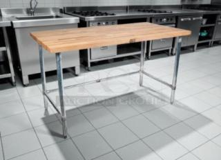 John Boos butcher block worktable with open base; wooden top, metal legs, excellent condition, ideal for kitchens.