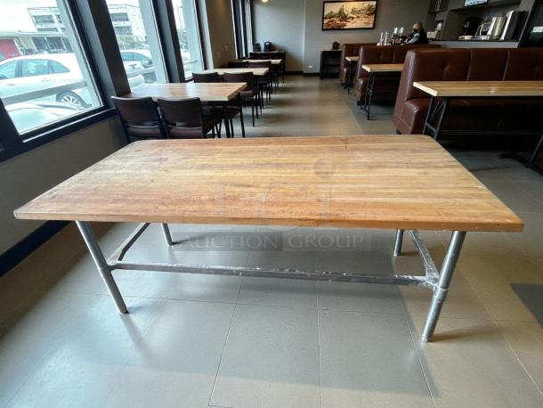 John Boos butcher block worktable with open base, wood top, metal legs, in great condition, ideal for kitchen use.