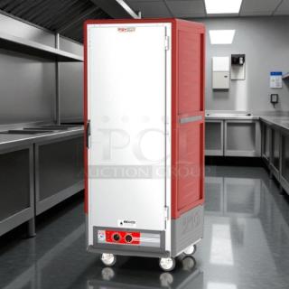 Metro C539-HFS-U heated holding cabinet, excellent condition, solid door, red and gray, tested and working.