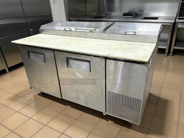 True TPP-AT-67-HC refrigerated pizza prep table, 67", stainless steel, two doors, tested working, good condition.