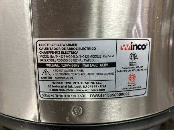 Winco RW-S451 electric rice warmer label, 100-cup capacity, tested working. Model, voltage, and caution details visible.