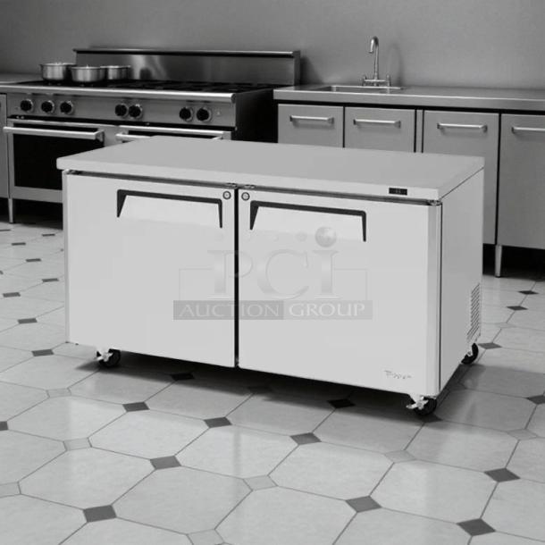 Turbo Air MUR-60-N undercounter refrigerator, 60 1/4" wide, two sections, dual doors, 115v, tested, in great condition.