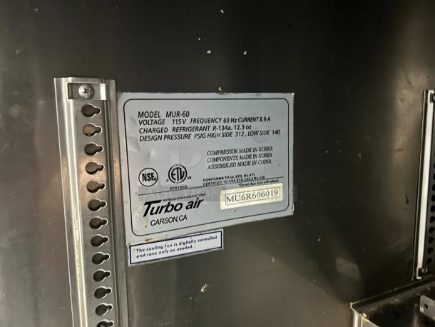 Turbo Air MUR-60-N label, showing model, voltage, refrigerant details, certifications, and manufacturing info.
