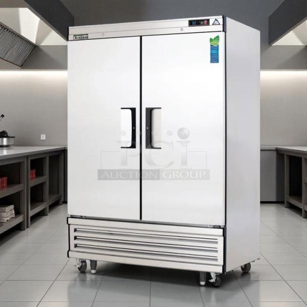 Everest Refrigeration EBR2 54-Inch Reach-In Refrigerator, solid doors, tested working, excellent condition, eco-friendly tag visible.