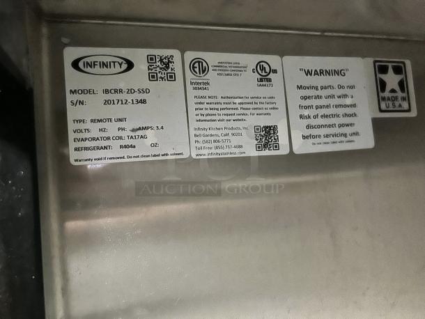INFINITY IBCRS-2D-SSD backbar refrigerator label, showing model, serial number 201712-1348, electrical specs, and warning.