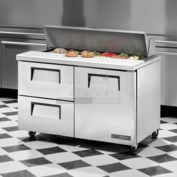 True TSSU-48-12D-2-HC 48" refrigerated prep table, stainless steel, with 12 pan mega top, tested, working condition.