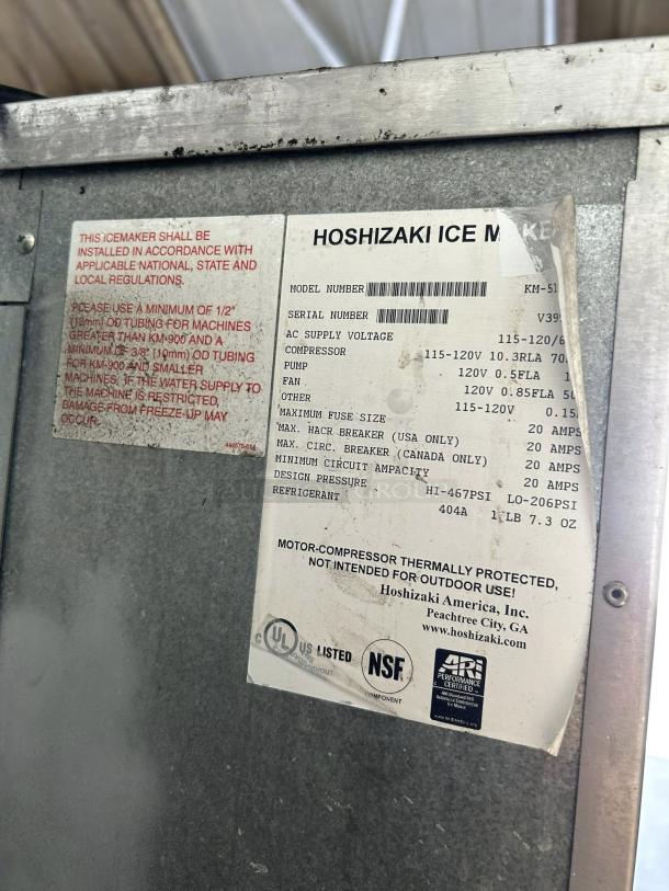 Hoshizaki KM-515MAH Crescent Cuber Icemaker, air-cooled, excellent condition, model label showing specifications and certifications.