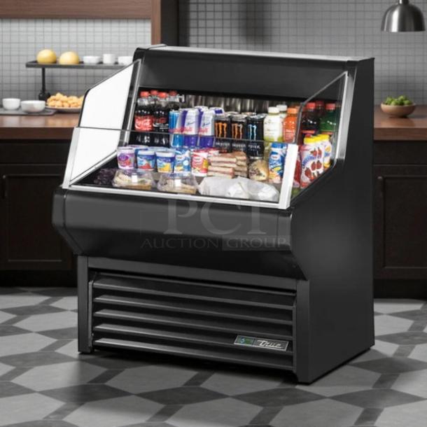True THAC-36-HC-LD 36" horizontal open air refrigerated merchandiser, tested, excellent condition, filled with drinks and snacks.