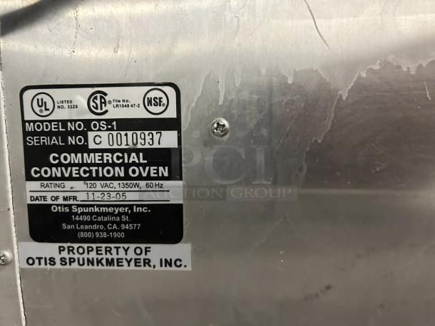 Otis Spunkmeyer OS-1 convection oven shows label with model, serial number, and electrical specs. Tested and working.