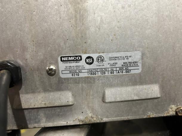 Nemco 6210 countertop oven label showing model, wattage, voltage, and certifications. Made in the USA.
