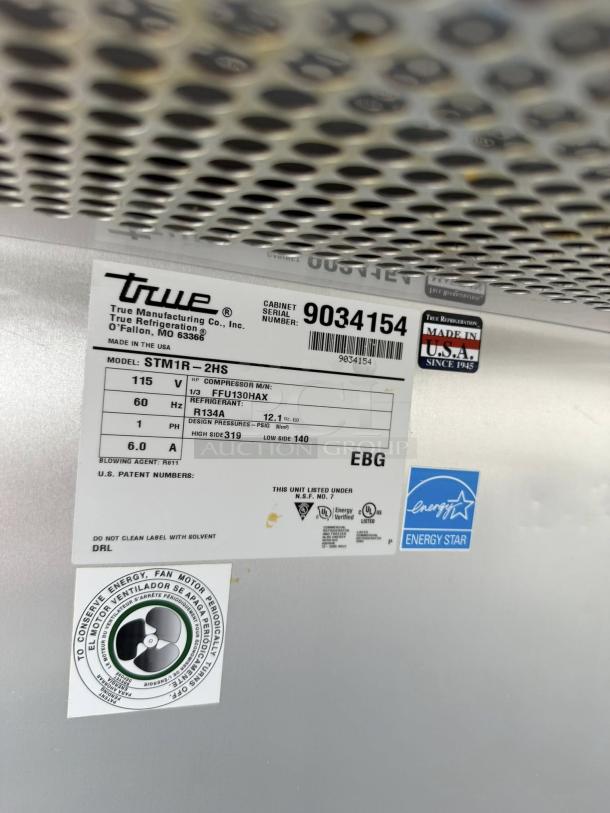 True STG1R-2HS-HC refrigerator label, model STM1R-2HS, 115v, Energy Star certified, Made in USA, serial 9034154.