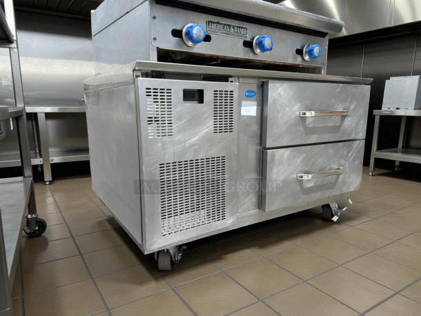 Randell FX-2WS-290 43 1/4" chef base with 2 drawers in great condition, 115v, tested and working.