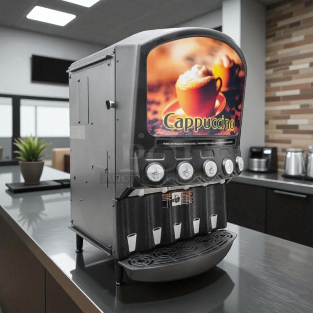 Grindmaster PIC5 five-flavor beverage dispenser in excellent condition, showing cappuccino option. Tested and working.