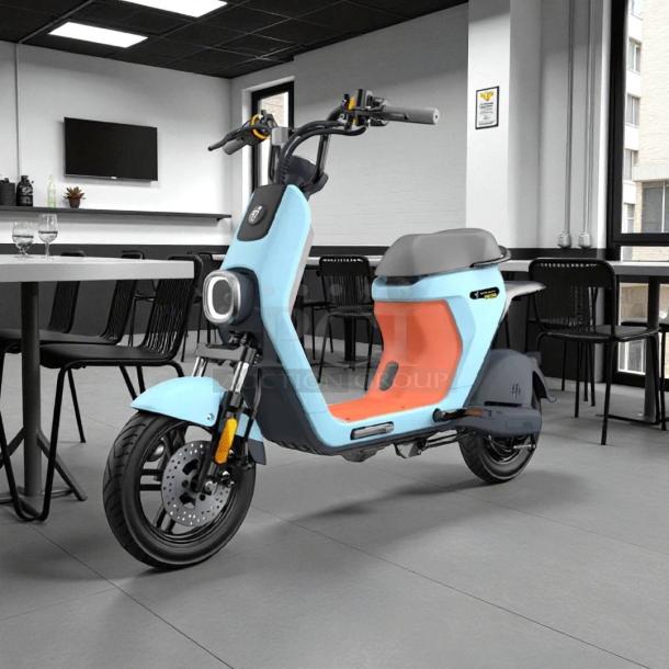 Like new Segway eMoped C80 scooter in blue and orange with a sleek design, showcasing front headlight and durable wheels.