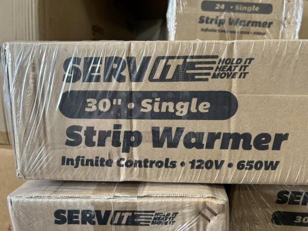 ServIt SWI-30CP strip warmer in original packaging, 30", 650W, 120V, with adjustable infinite controls.
