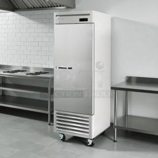 Blue Air BSF23-HC stainless steel freezer, excellent condition, 1 solid door, tested and working, shown in commercial kitchen.