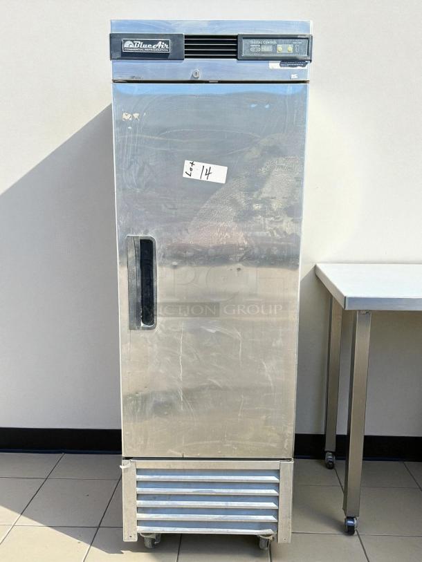 Blue Air BSF23-HC stainless freezer, excellent condition, single solid door, tested and working, visible lot label.