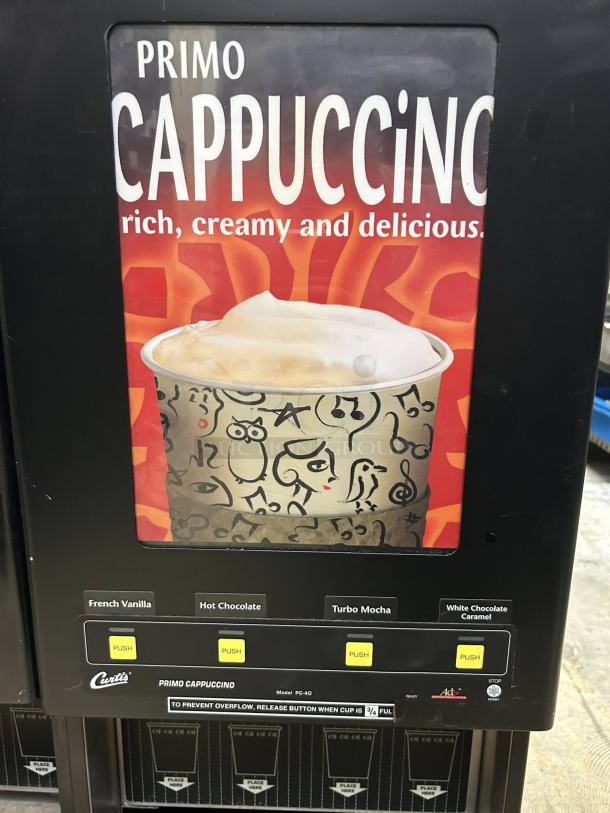 Curtis Cafe Series Primo PC4 Cappuccino Machine, excellent condition, four 4 lb. hoppers, multiple flavor selections, tested, 120V.
