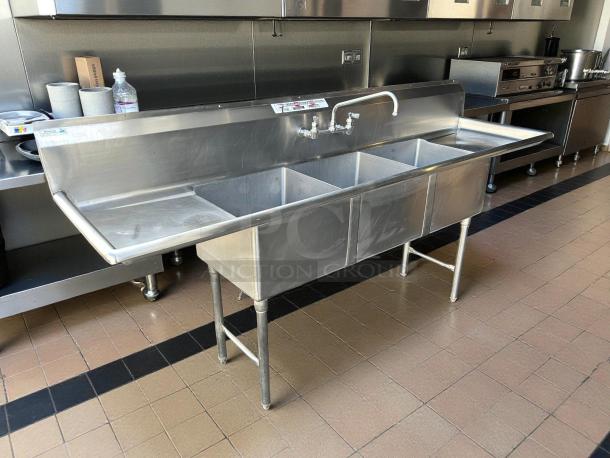 All Strong 90” 3 compartment sink, 18” x 18” bowls, stainless steel, great condition, industrial kitchen setting.