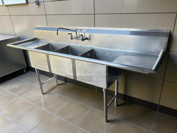 All Strong 90" 3 compartment sink with 18"x18" basins, stainless steel, great condition, wall-mounted faucet.