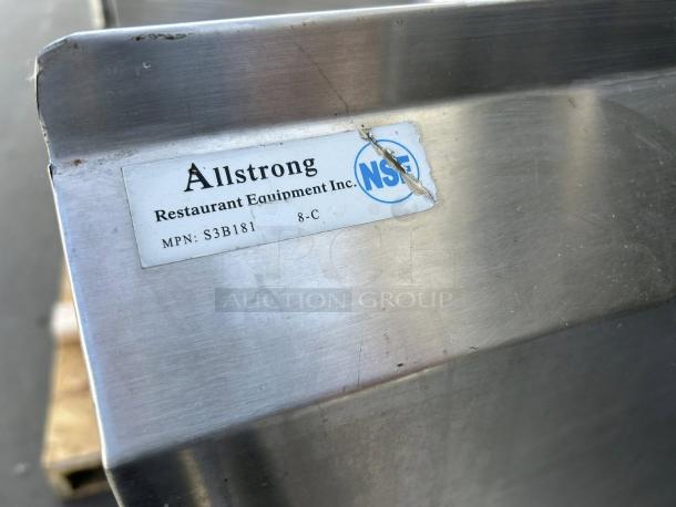 All Strong 90” 3 compartment sink, 18” x 18” basins, stainless steel, great condition. Label: All Strong, MPN: S3B181, NSF certified.