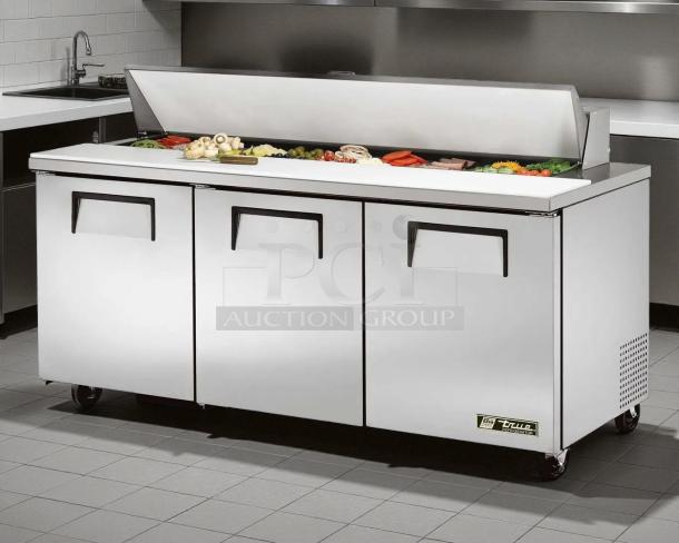 True TSSU-72-18-HC refrigerated sandwich prep table, 3 doors, excellent condition, tested and working, 72 3/8", stainless steel.