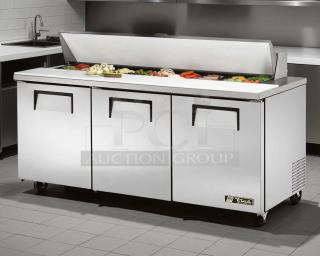 True TSSU-72-18-HC refrigerated sandwich prep table, 3 doors, excellent condition, tested and working, 72 3/8", stainless steel.