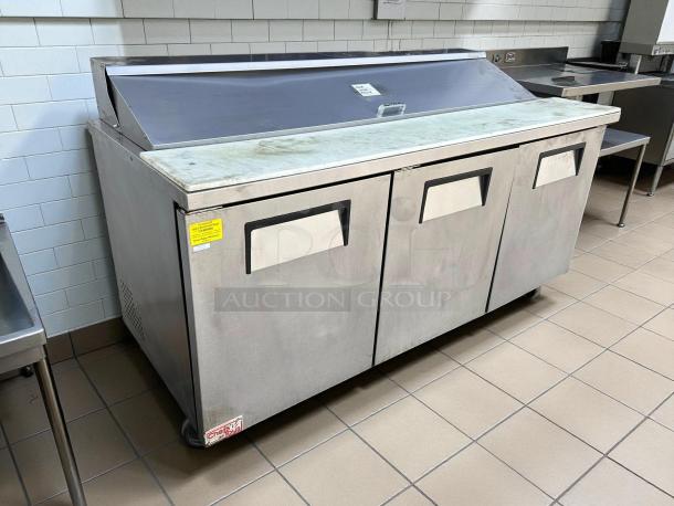 True TSSU-72-18-HC refrigerated sandwich prep table, 72 3/8", three doors, excellent condition, tested, stainless steel.