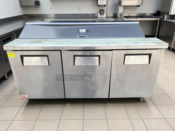 True TSSU-72-18-HC refrigerated sandwich prep table, excellent condition, three doors, stainless steel, tested and working.