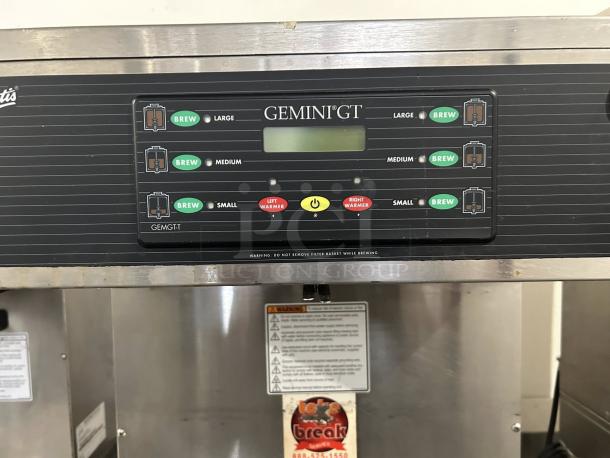 Curtis GEMTS10A1000 G3 Gemini Twin Coffee Brewer, 1.5-gallon capacity, excellent condition, 220V, tested, with control panel.