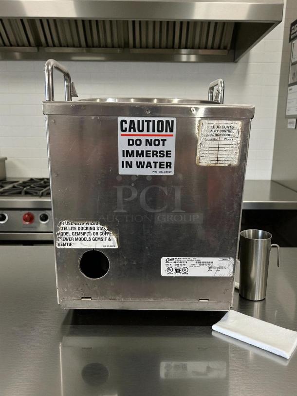 Curtis GEM3IF 1.5 Gallon Satellite Coffee Server, tested working, stainless steel, IntelliFresh, caution label, quality label.