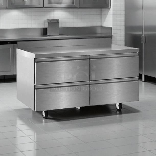 Delfield STD4460NP worktop refrigerator, 60 1/8", 4 drawers, 4" backsplash, excellent condition, tested and working.