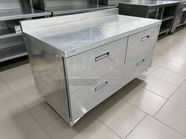 Delfield STD4460NP worktop refrigerator, 60 1/8", 4 drawers, 4" backsplash, excellent condition, tested, stainless steel.