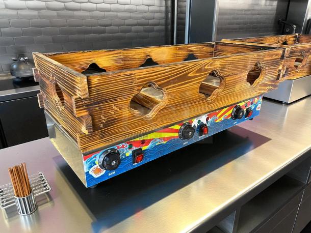 Kanto RJ-27GE electric oden cooking machine with wooden base, vibrant control panel, excellent condition.