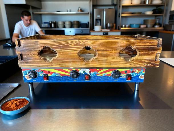 Electric stove with wooden base, Kanto Kitchen Model RJ-27GE, vibrant panel design, excellent condition, ideal for oden cooking.