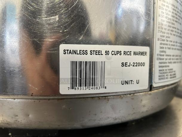 Thunder Group SEJ22000 Commercial Rice Warmer, 50-cup capacity, stainless steel, 110/120V, 100W, label visible.