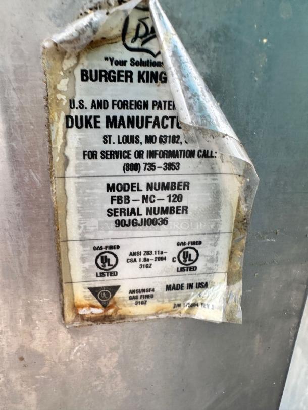 Label on Duke FBB-NC-120 gas conveyor toaster oven; UL listed, made in USA, serial number 90JGJ10036, for Burger King.